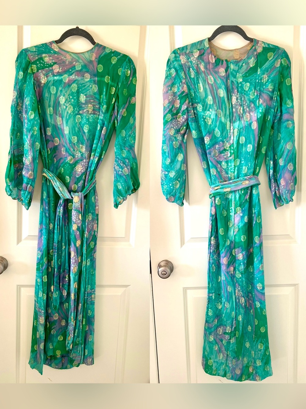Vintage 1970s Nat Caplan Couture lurex and silk chiffon dress with sash belt